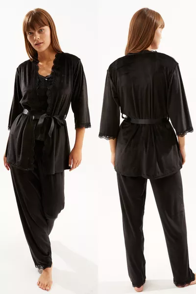 Women's Black Soft Velvet Three-Piece Pajama Set with Rolled Sleeve and Strap Pants
