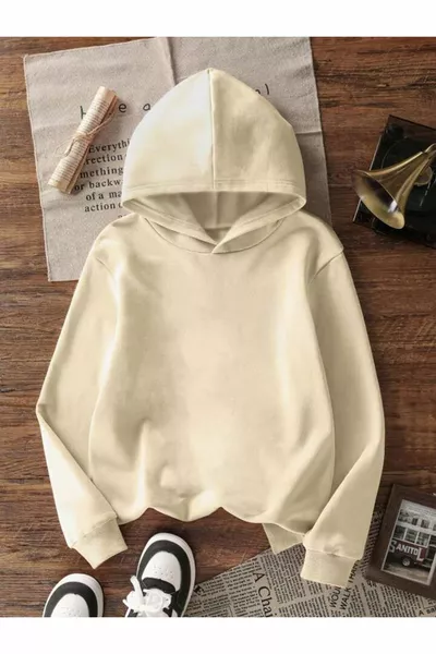 هودي بجيوب الكنغر مع قلنسوة وطبعة ظهر بشكل فيونكة الفهد باللون البيج