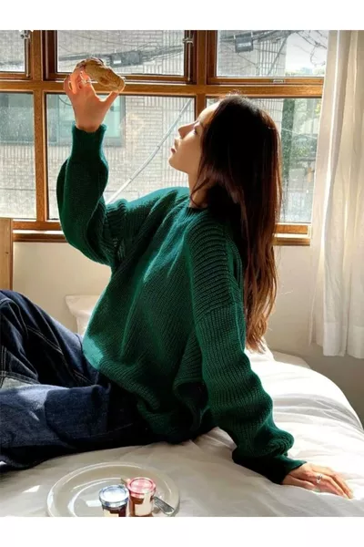 Pull tricot oversize pour femme à col rond vert