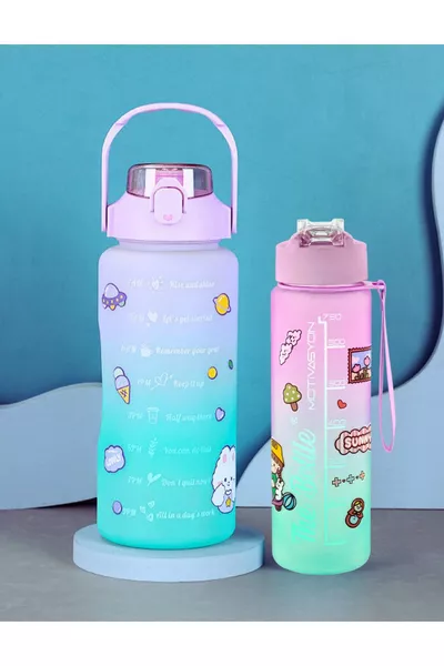 Motivational 2-Pack Water Bottle with Straw and Stickers, 2L ml, Tritan, with Baby Animals, Sports Gym Water Bottle
