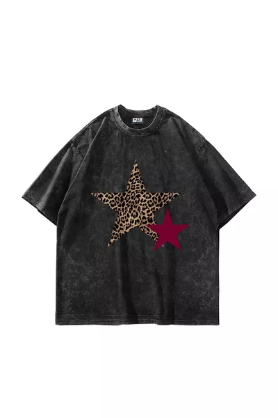 K Leopard Starz Print Oversized Unisex Washed Black T-Shirt