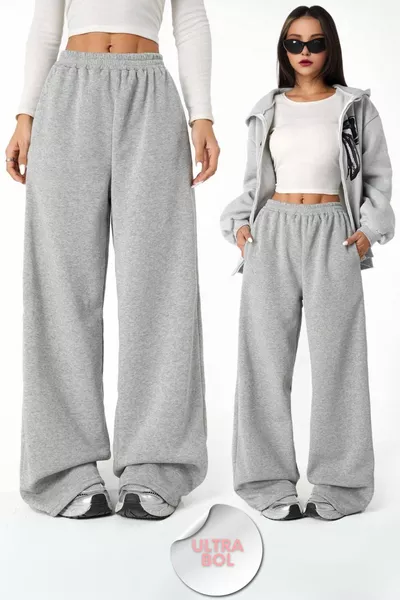 Удобно спортно долнище с два джоба, широки крачоли, черно-сиво с ластик