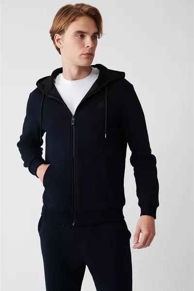 سويت شيرت رجالي أزرق غامق بغطاء للرأس، بسحّاب، بخيوط مزدوجة مبطنة، مقاس عادي 