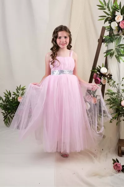 فستان حفلة ساتان للفتيات مع تنورة تول وظهر محكم  وردي