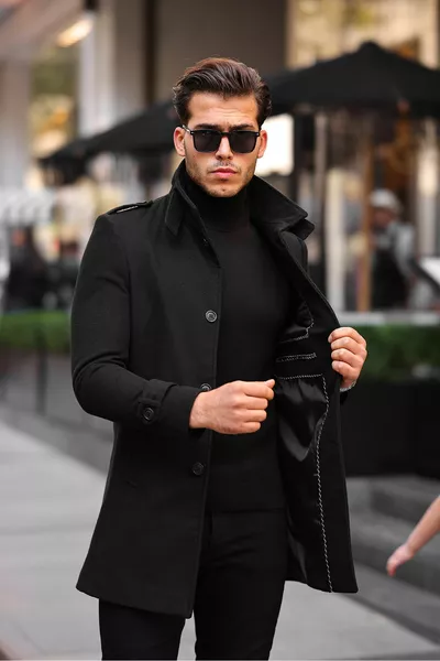 معطف طويل للرجال من صوف مختلط بياقة عالية وقصة ضيقة