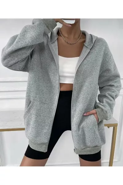 Giacca Unisex Invernale Grigia Con Cappuccio E Cerniera In Tessuto Pesante