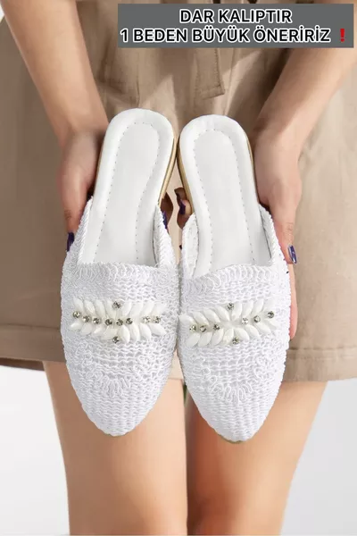 Ciabatte da donna con punta chiusa in paglia, pizzo intrecciato e dettagli con pietre, eleganti, estive, per casa, spiaggia e vacanza