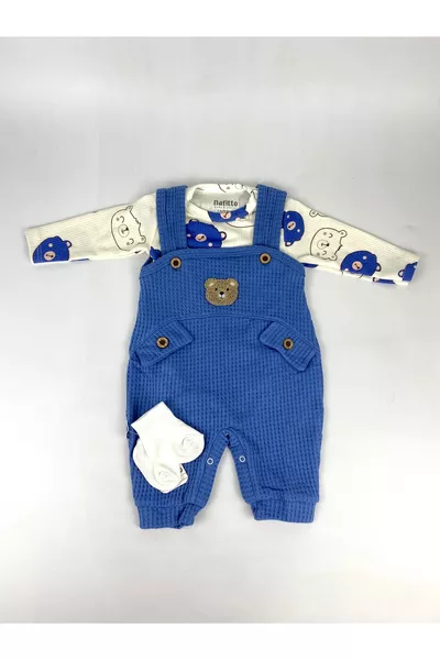 طقم رضيع أولاد من قطعة واحدة مطرز بالدب – تشمل القميص، الطقم والجوارب | ملابس طفل 3-6-9 أشهر