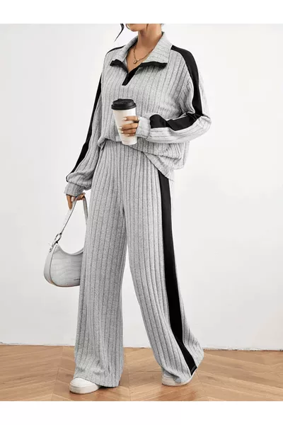 Color Block Ribbed Comfortable Pants Set & Long Sleeve Collared Wide-Leg Pants