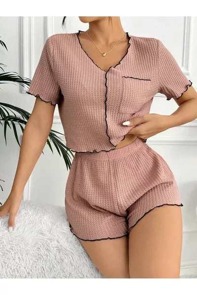 طقم بيجامة من القطن المصنوع مخصوصًا بنسيج محاك بلون وردي باهت