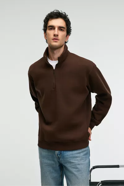 BAXTER Men's Zip-Up Stand Collar Relaxed Brown Sweatshirt