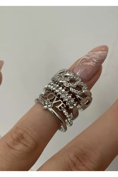 Silver Color Love & Chain 3-Piece Ring Set