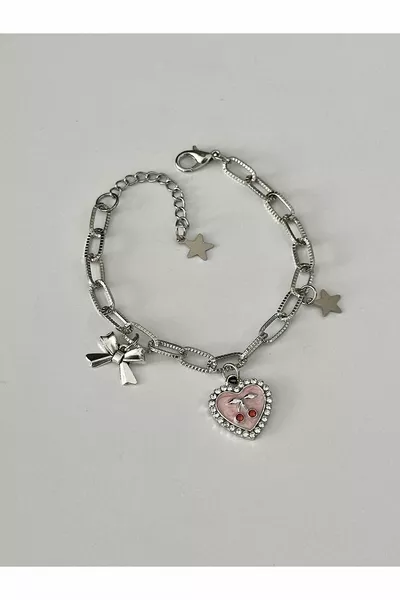 Coquette Armband mit dickem Gliederkette, rosa Herz- und Kirschstein