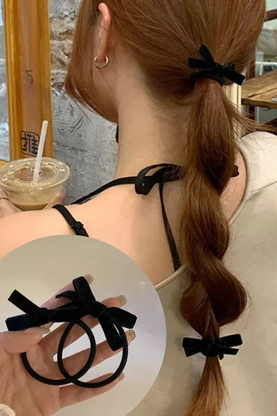 دبوس شعر نسائي قطني أسود مزدوج مع فيونكة