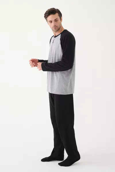 طقم بيجامة رجالي بأكمام طويلة وجيوب من القطن