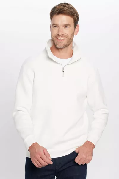 سويت شيرت أبيض بياقة عالية بنصف سحّاب، قطن بكرة مبطن من الداخل، مقاس مريح للجنسين