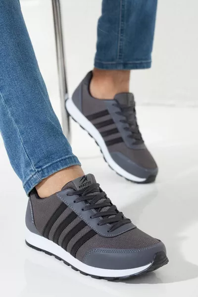 حذاء رياضي رجالي رمادي فحمي يومي مريح بنعل ناعم وخفيف ومتين للمشي مزود بأربطة