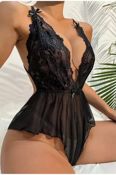 Women's Elegant Lace Mesh Nightgown with Black Cross Strap Detail