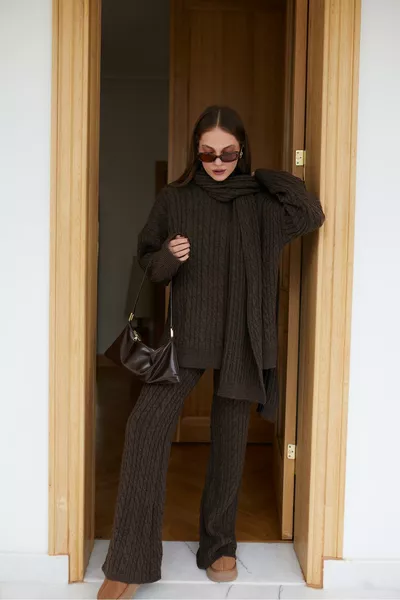Brown Sweater and Pants Set with Braid and Scarf Detail