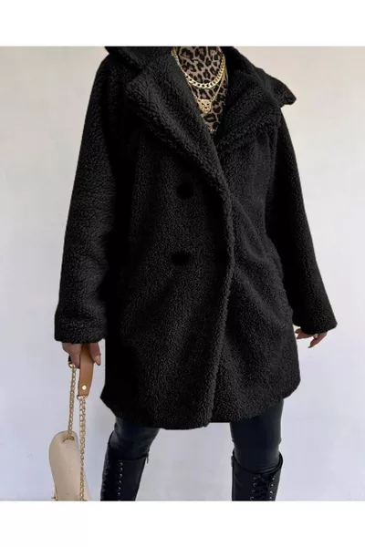 معطف نسائي قصير من الفرو الأسود بدون بطانة
