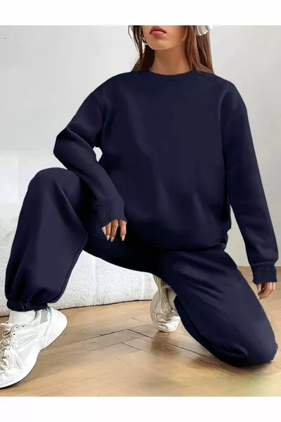 navy blue tracksuit set, plain unisex top and bottom set