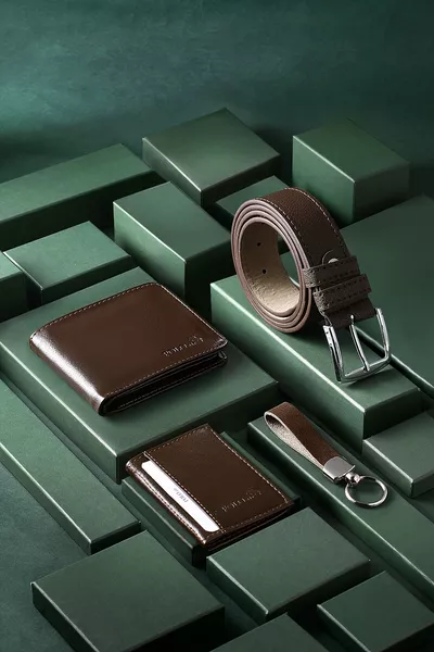 حزام محفظة حامل بطاقات سلسلة مفاتيح مجموعة هدايا بلون بني