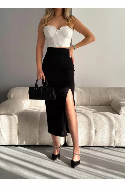 Black Scuba Crepe Slit Detailed Maxi High Waist Flexible Knitted Skirt