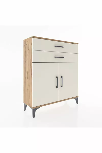 خزانة أرجيس مع رفين، درجين، وغطاءين، من خشب الصنوبر وحجر الميكا