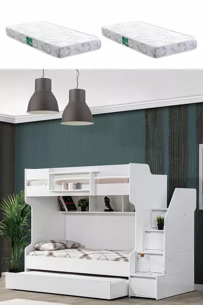Bunk Bed, Brave Bunk Bed with Storage - White 2 Comfort Mattresses