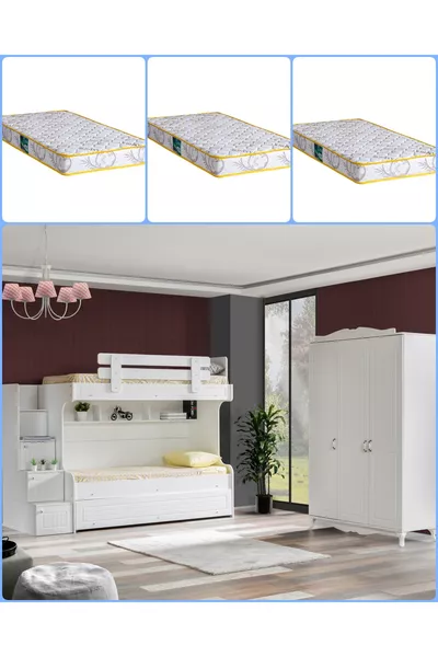 Bunk Bed, Water Lily Bunk Bed with 3-Door Wardrobe + 3 Comfort Mattresses