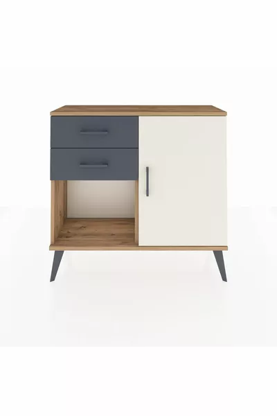 Arges Nachtkastje Met Één Plank, 2 Lades En Één Deur, Dennenhout-Steen/Ebbenhout