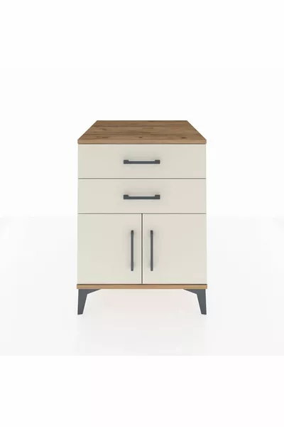 Kronos Nachtkastje met één plank, 2 lades en 2 deuren, dennen-ijzersteen