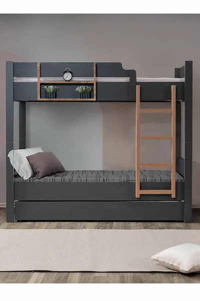 سرير طابقين، سرير قابل للفصل للأطفال من آسيا، أنثراسيت - جوز + مرتبتين كومفورت
