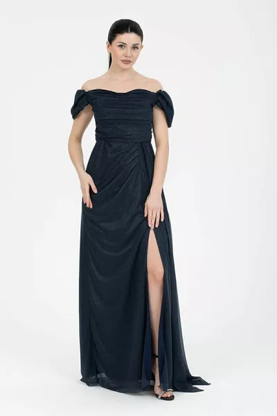 المرأة مساء اللباس قارب خط العنق رايات شق مفصلة طويلة بريق اللباس / الأزرق الداكن