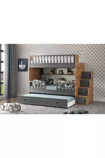 Шкаф-кровать с жалюзи / Сосна-антрацит / Бесплатная установка / 3 спальные места и лестница с шкафом / 100% МДФ