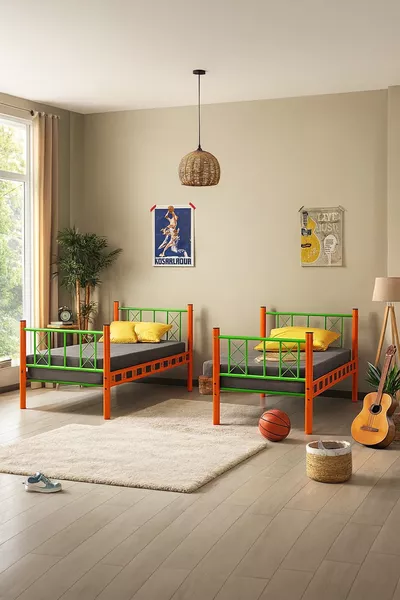 Детская комната Carme с металлической двухъярусной кроватью и односпальной кроватью, оранжево-зеленая