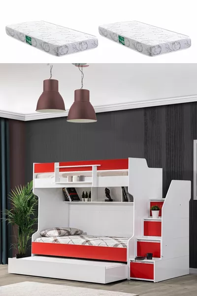 Lits superposés, Lit superposé Courageux avec petit lit - Rouge 2 matelas confort