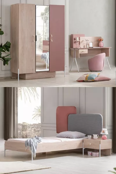 Rosetta Genç Odası - 3 Kapılı Dolap, Karyola, Komodin, Masa