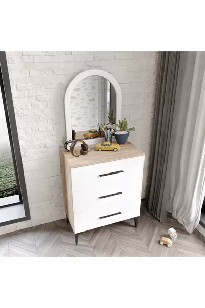 3 Çekmeceli Şifonyer Aynalı Tamamı Mdf  Flora Beyaz