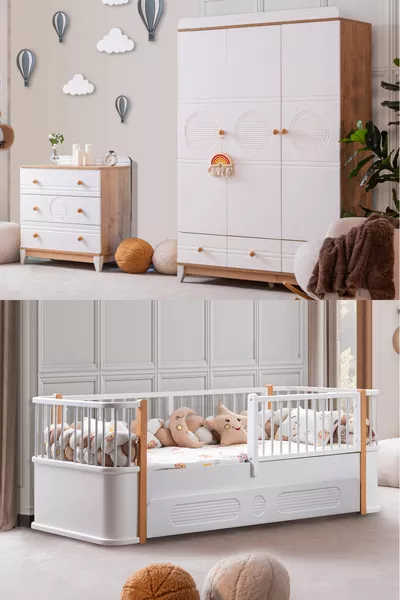 طقم غرفة أطفال أنطاليا، سرير أطفال أنطاليا، خزانة ألفين بثلاث أبواب، كومود - جوز