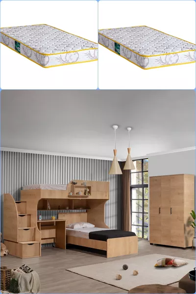 Bunk Bed, Aura Bunk Bed Bed Table 3-Door Wardrobe + 2 Comfort Mattresses