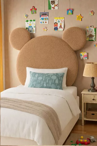 Табла за легло, светлокафява плюшена, единична табла за легло, плюшена табла за легло Мики Маус