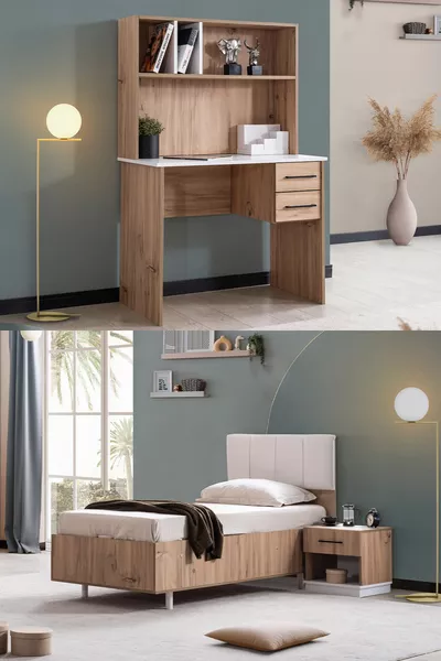 Jeugd Kamer Efes Bureau, Bed met Opberglade, Nachtkastje Walnoot Crème
