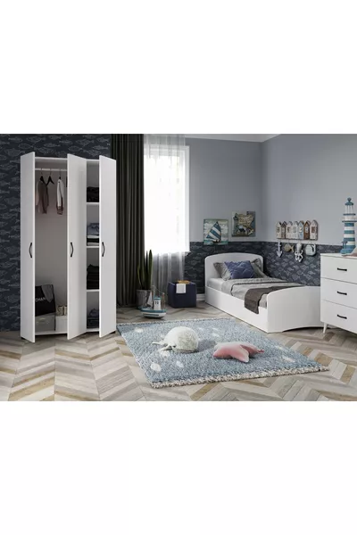 Soft Kids' Room Set White - Bed, 3-Door Wardrobe, 3-Drawer Dresser, All MDF