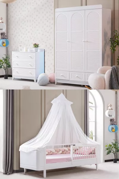غرفة أطفال بيرلا البيضاء، خزانة بيرلا البيضاء الثلاثية الأبواب، كومود ليديا وسرير