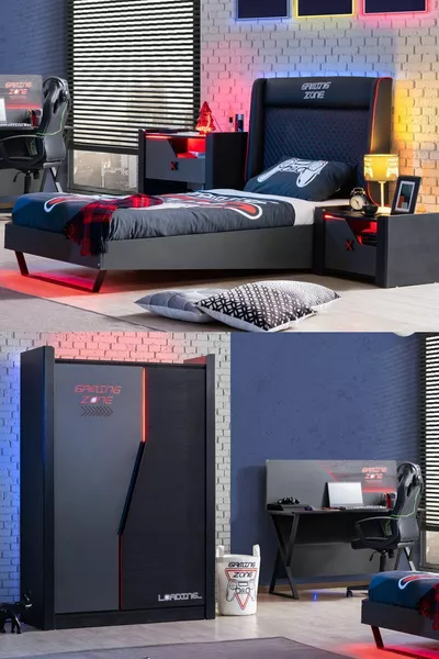 Молодежная комната с подсветкой для геймеров - шкаф с 2 дверцами, кровать, тумбочка, комод, стол
