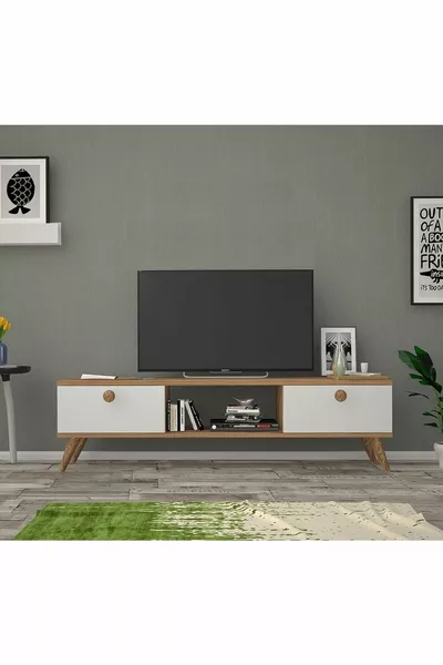 طاولة تلفاز إمري خشبية بأرجل، من خشب الصنوبر الأطلسي، لون أبيض، طول  سم