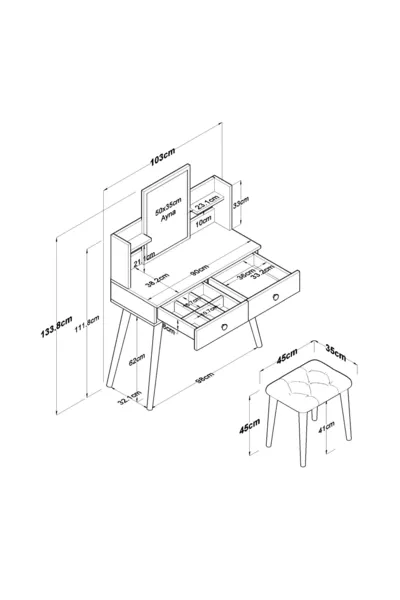 Rani Coiffeuse avec Miroir, 2 Tiroirs et Étagère, Organisateur de Bijoux avec Pouf, Ensemble Blanc