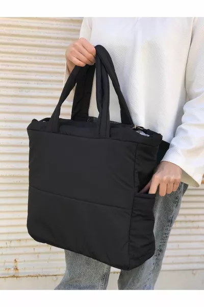 أسود تنقش نفخة النسيج المتسوق حقيبة