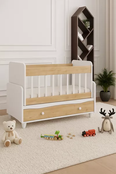 سرير أطفال MODİMOB من خشب البلوط قابل للتأرجح والتثبيت مع درج بجانب الأم